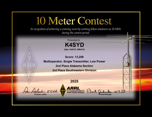 ARRL 10 Meter Contest 2025 certificate