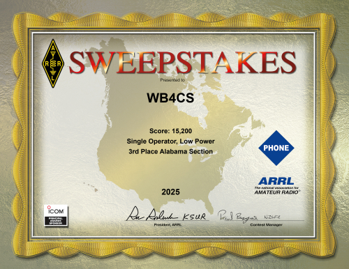 ARRL Sweepstakes 2025 certificate